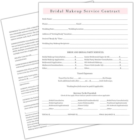 Bridal Makeup Service Contract | 100 Pack | 8.5 x 11" A1 Forms | Makeup Artist Supplies | Bridal Contract | White and Pink Forms
