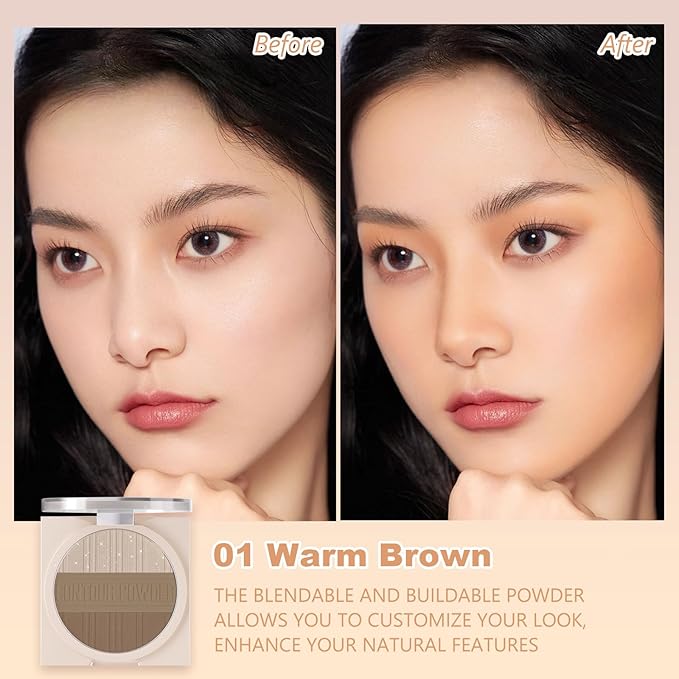 Contour Powder Makeup Palette Matte Shimmer Face Sculpting Shading Silky Smooth Tone Tuning Flawless Pressed Powder Bronzer for Warm Skin Tone, 01 Warm Brown