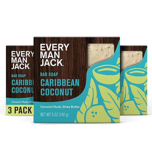 Every Man Jack Cold Processed Mens Bar Soap - Tropical Caribbean Coconut Scent - Deeply Cleans & Hydrates w/Naturally Derived Ingredients - (3 Pack)
