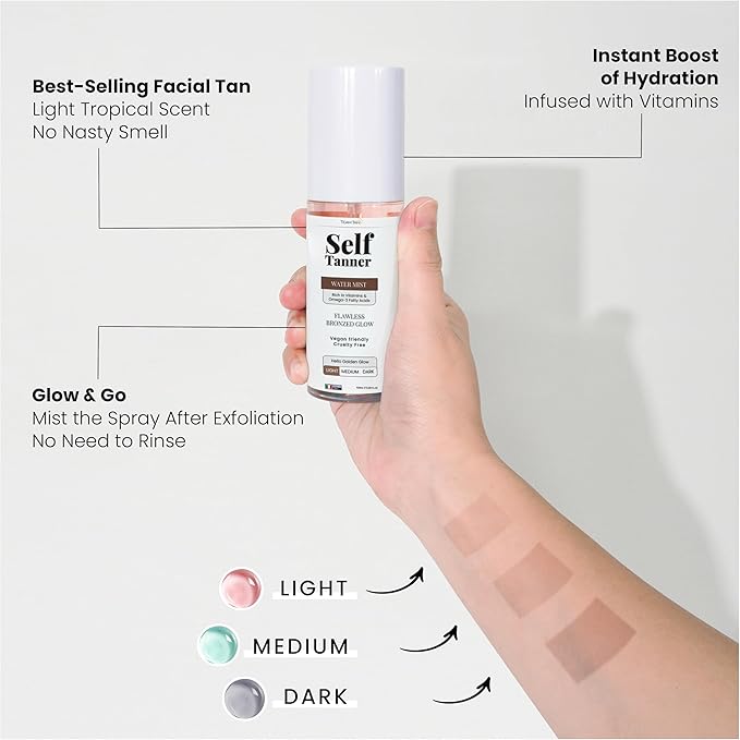 Team Tan Self Tanning Water - Vitamin Infused Self Tanner Mist for Hydrating Face and Body, Sunless Tanning Spray for Fake Tan, No Streaks, Orange Tints or Nasty Smell (Light)