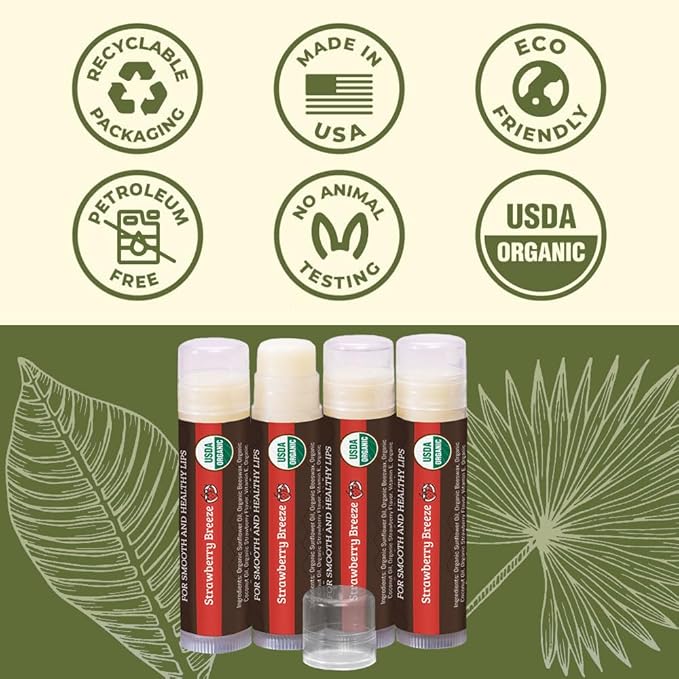 USDA Organic Lip Balm 4-Pack by Earth's Daughter - Strawberry Flavor, Beeswax, Coconut Oil, Vitamin E - Best Lip Repair Chapstick for Dry Cracked Lips.