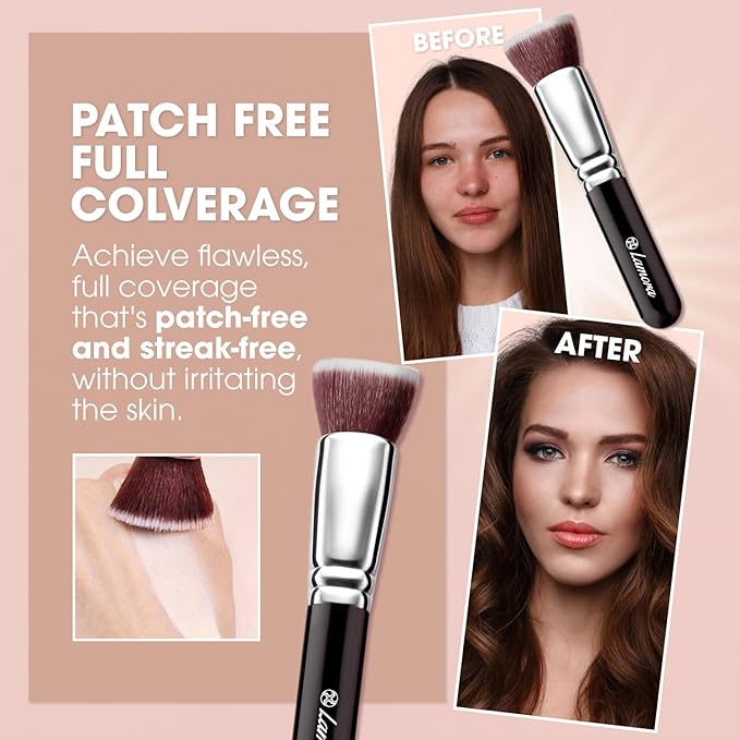 LAMORA Foundation Brush for Liquid Makeup - Kabuki Face Brush for Cream, Powder, Blush, and Concealer - Flat Top Blending, Buffing, Stippling Brush