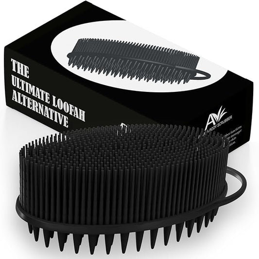 Avilana Silicone Body Scrubber – Gentle Shower Brush & Loofah Alternative- Food Grade & Lab Tested – Fast-Drying, Hygienic, BPA-Free Silicone Body Gentle Exfoliator (Black, Scalp)
