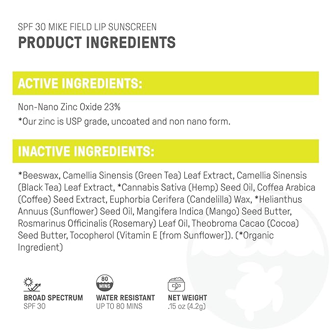 Raw Elements Mike Field Lip Sunscreen - SPF 30, UVA-UVB Protection, Reef-Safe, Non-Nano Zinc, Water Resistant, 0.15 oz (2 Pack)