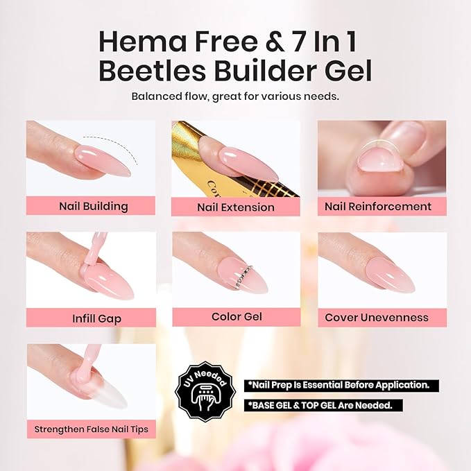 Beetles Builder Gel 15ML, 7 in 1 Builder Strengthener Gel Translucent Pink Nude Gel Nail Extension Brush in Bottle UV Gel Nail Polish, No Slip Solution Need Base Gel Needed