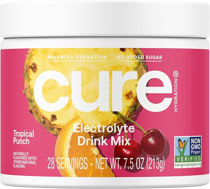 Cure Hydration | Plant-Based Electrolyte Drink Mix | No Added Sugar | Dehydration Relief Powder Made with Coconut Water | Non-GMO | Vegan | 28 Servings Jar - Tropical Punch