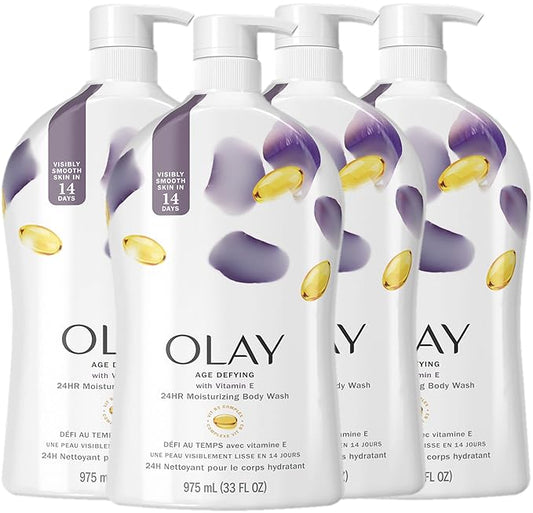 Olay Body Wash for Women, Age Defying with Vitamin E, 24hr Moisturizing, Hydrating & Refreshing, B3 Vitamin Complex, Free of Parabens & Phthalates, For All Skin Types, Scented, 33 fl oz (Pack of 4)