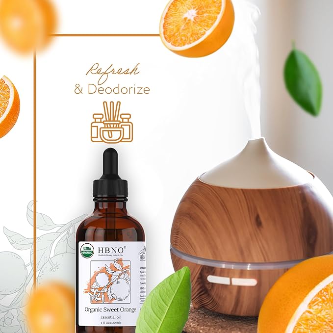 HBNO Organic Orange Essential Oil - Huge 4 oz (120ml) Value Size - USDA Certified Organic Orange Essential Oil, Cold Pressed for Aromatherapy, Soap Making, DIY, Diffuser