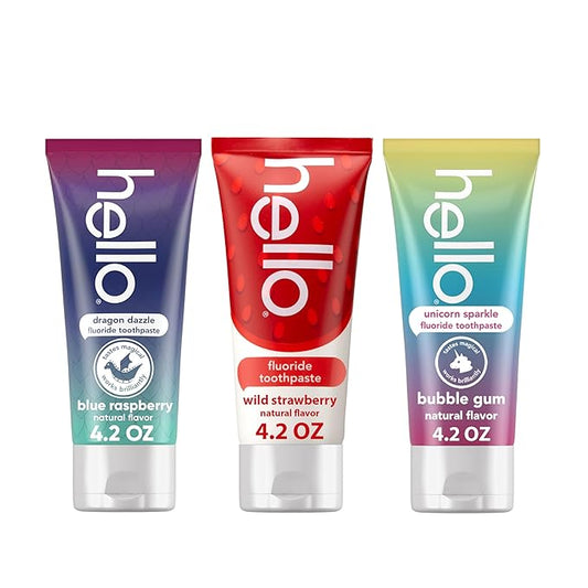 hello Kids Fluoride Toothpaste Variety Pack, Includes Strawberry, Unicorn Bubble Gum, and Blue Raspberry Toothpastes, Safe for Ages 2 and Up, 3 Pack, 4.2 Oz Each