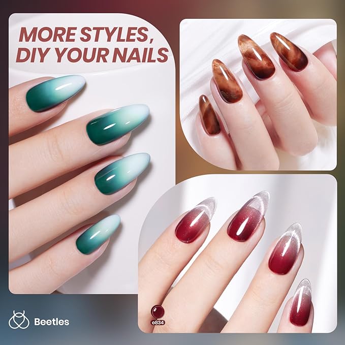 Beetles Jelly Gel Nail Polish Set - 6 Colors Mocha Brown Burgundy Red Purple Green Blue Fall Gel Polish Kit Sheer Translucent Effect Soak Off UV Midnight Syrup Nail Art Manicure Gift for Women