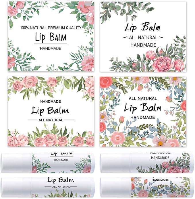 OLYCRAFT 100Pcs 4 Style Lip Balm Label Sticker Flower Pattern Labels Stickers Adhesive Lip Balm Label Sticker Plastic Lipstick Tag Stickers for Lip Balm Container Tubes 1.7x2.1 inch