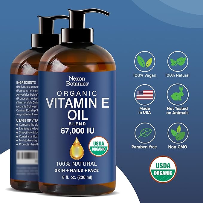Organic Vitamin E Oil Blend 67,000 IU - 8 fl oz - Made from Pure, Natural Oils for Skin, Scars & Face - Aceite de Vitamina E - Nexon Botanics