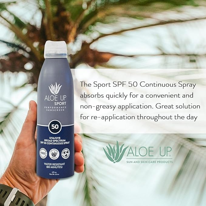 Aloe Up Sport Continuous Spray Sunscreen SPF 50- Broad Spectrum UVA/UVB Sunscreen Protector for Face and Body With Aloe Vera Gel Fast Absorbing Sheer Formula Reef Safe Fragrance-Free - 6 Oz 2 pack