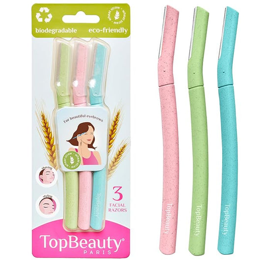 Paris Women Facial Eco Razors - 3 pcs per pack - Wheat Straw Eyebrow Razors - Multipurpose Facial Body Hair Peach Fuzz Removal Trimmer Shaver - Dermaplaning Tool - Protective Safety Cover
