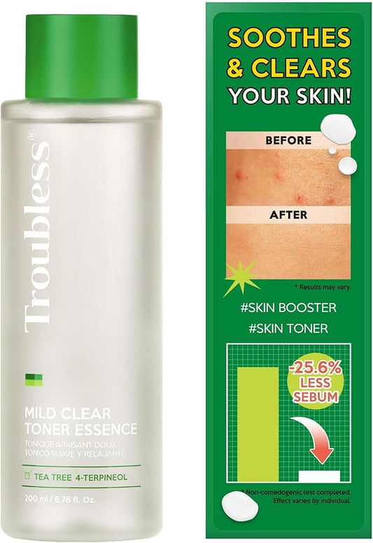 Troubless Mild Clear Toner Essence - Tea Tree Facial Toner for All Skin Types | Hydrating Skin Toner, Daily Skin Care (6.76 fl oz)