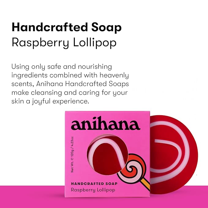 ANIHANA Handcrafted Natural Soap with Coconut Oil, Gentle Cleansing, Paraben Free, Refreshing Raspberry Lollipop Scent, 4.23 oz