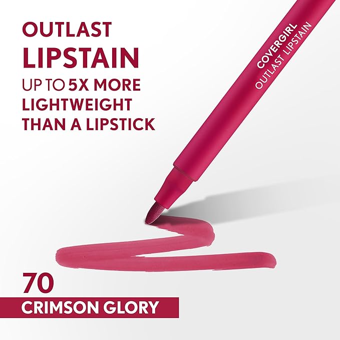 COVERGIRL Outlast, 70 Crimson Glory, Lipstain, Smooth Application, Precise Pen-Like Tip, Transfer-Proof, Satin Stained Finish, Vegan Formula, 0.06oz
