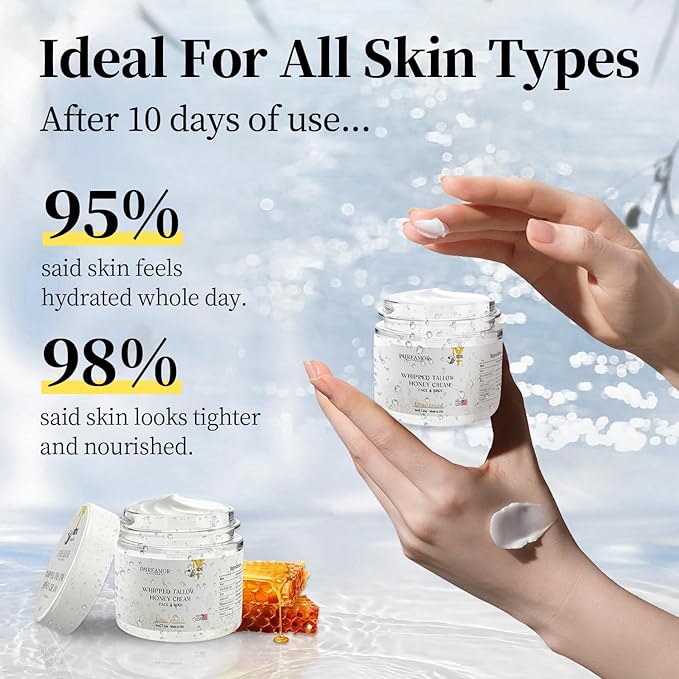 Beef Tallow for Skin Made in USA, Grass-Fed Beef Tallow for Face, Quick Absorbing, Hydrating Tallow Face Moisturizer, Whipped Beef Tallow and Honey Balm for Face&Body,Beef Tallow Cream(2oz. Unscented)