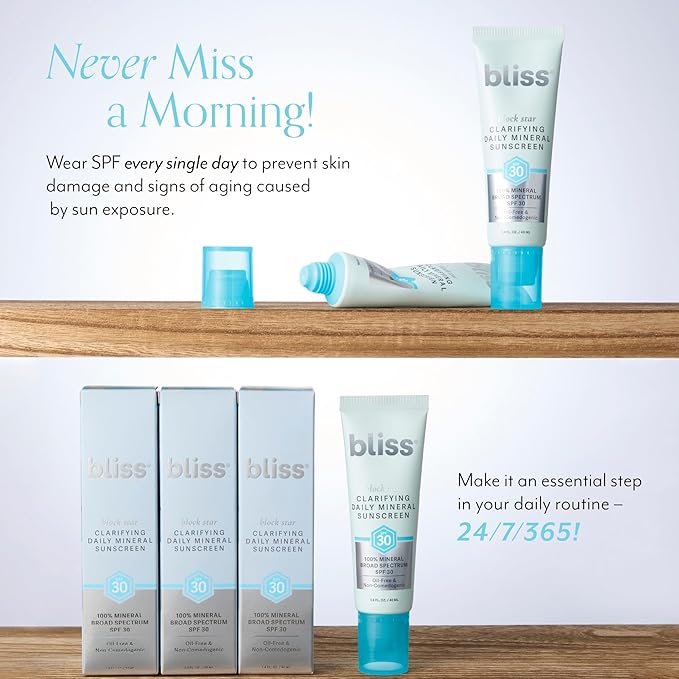 Bliss Block Star Clarifying Daily Mineral Sunscreen Broad Spectrum SPF 30, Blendable Pore Safe Formula for Blemish Prone Skin with Salicylic Acid and Witch Hazel, 1.4 Fl Oz