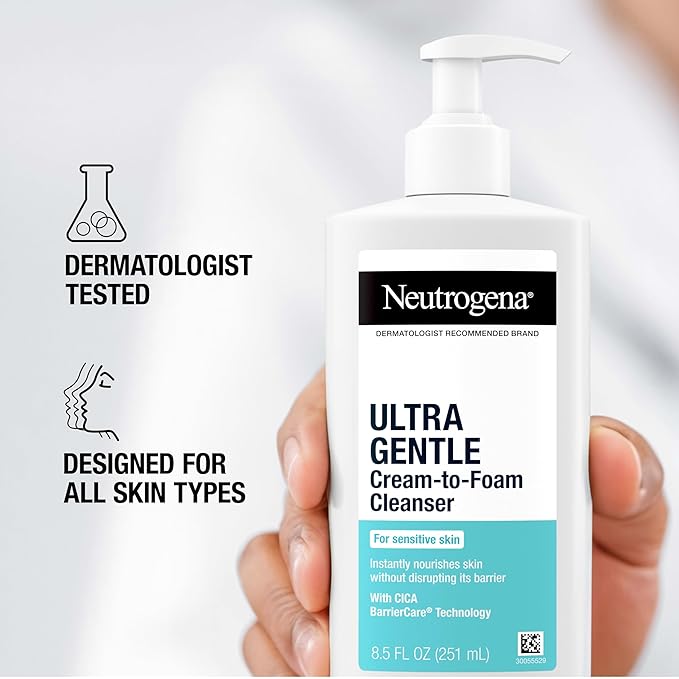 Neutrogena Ultra Gentle Cream-to-Foam Facial Cleanser, Transforms from a Creamy Cleanser to a Foaming Face Wash for Sensitive Skin, Fragrance-Free, Hypoallergenic, Non-Comedogenic, 12 oz
