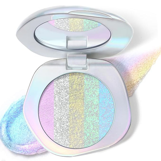 Chameleon Face Highlighter Palette, Glitter Metallic Rainbow Eyeshadow Holographic Sparkling Long Lasting Color Shifting Inner Corner Eye Brightener Illuminator Shimmer Highlighter Makeup