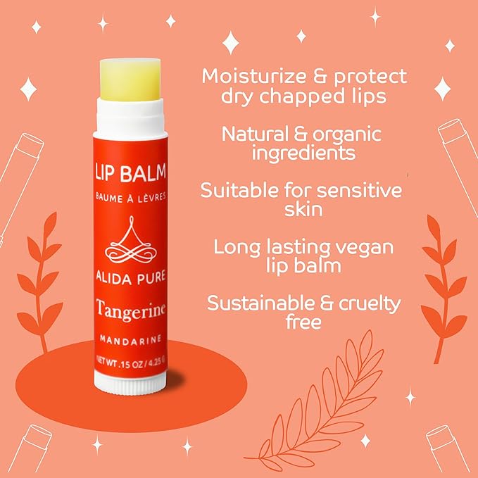 Tangerine Lip Balm, Vegan Lip Balm Set, Beeswax Free, with Avocado Oil, Organic Jojoba Oil, Candelilla Wax, and Vitamin E, Natural Moisturizer For Dry, Chapped, or Cracked Lips, 3 Tube Set