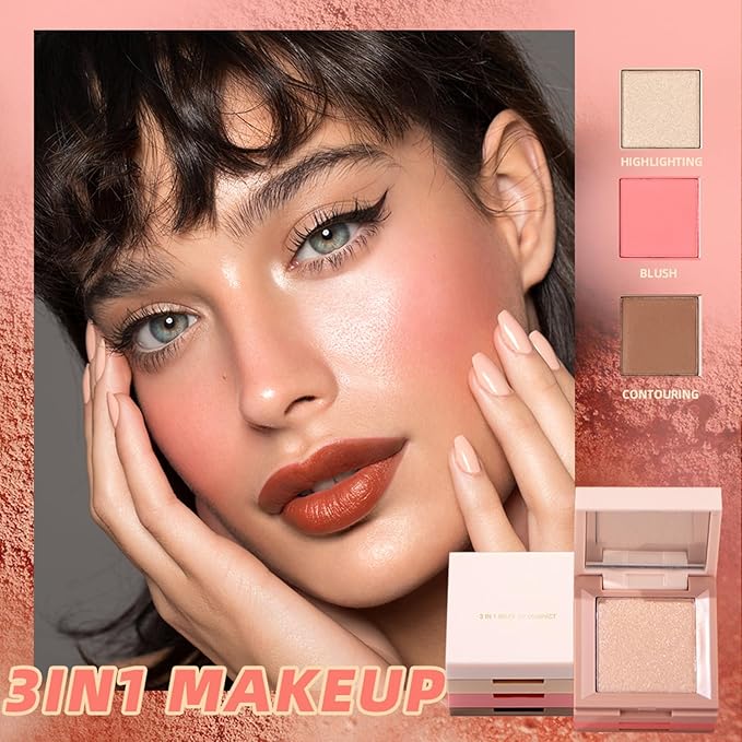 3 in 1 Contour Highlighter Blush Makeup Palette, Shimmer Matte 3 Colors Pigmented Brighten Highlighting Bronzer Blusher Eyeshadow Pallet, Long Lasting Shaping Full Face Eyes Makeup kit with Mirror