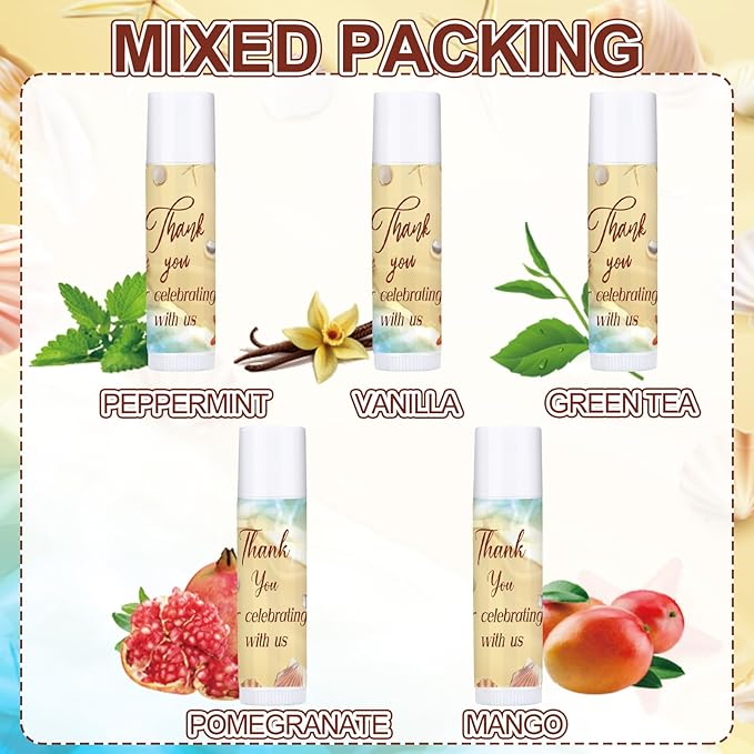 Dunzy 50 Pcs Thank You Gift Lip Balm Bulk Baby Shower Party Favors Bridal Shower Favor Lip Care with Assorted Fruit Flavors Thank You Lipstick for Guest Basket Gift Stuffer (Summer Beach)
