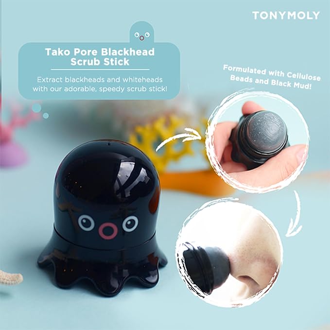 TONYMOLY Tako Pore Blackhead Remover Scrub Stick Charcoal & Dead Sea Salt Exfoliator for Blackheads, Whiteheads, Pore Cleansing & Oil Control, 0.8 oz