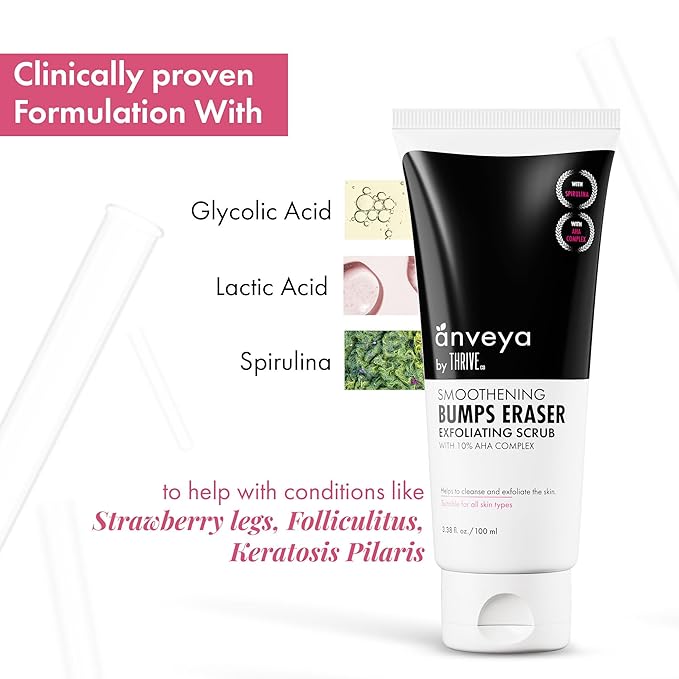 Anveya Smoothening Bumps Exfoliating Body Scrub For Bumpy & Dry Skin, Strawberry Legs, Keratosis Pilaris & Ingrown Hair | Glycolic Acid, Lactic Acid & Spirulina | For Men & Women | 100ml