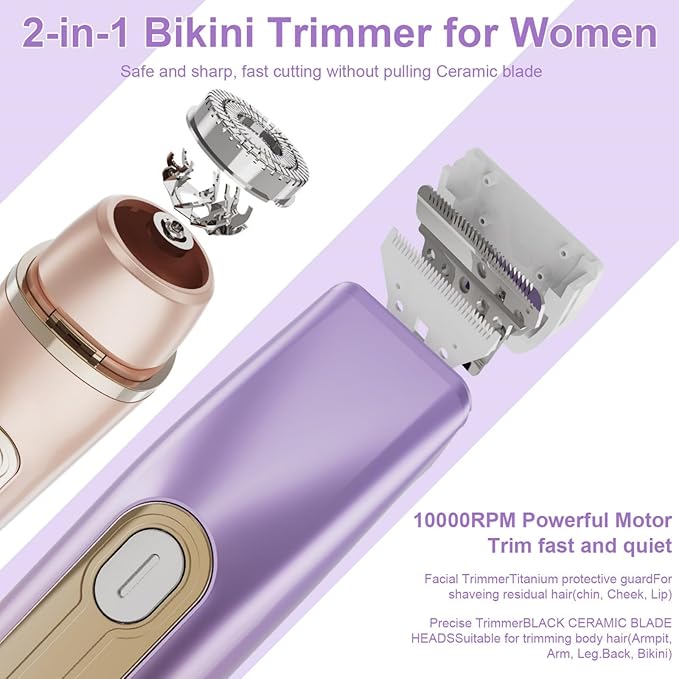 Bikini Trimmer for Women, 2-in-1 Electric Razor for Women, IPX6 Waterproof Wet & Dry Dermave Bikini Shaver, Rechargeable Pubic Hair Trimmer, Electric Shaver for Legs Body Face Hair