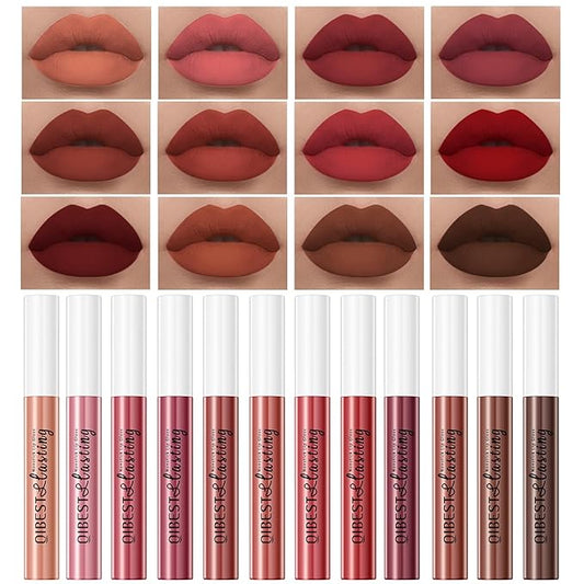 12Pcs Makeup Matte Lipstick Lip Kit, Warm Neutrals & Vintage Reds Non-Stick Cup Not Fade Liquid Lipstick Waterproof Long Lasting Durable Nude Lip Gloss Beauty Cosmetics Gift Box Makeup Set Kit