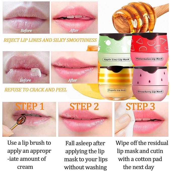 Honey Lip Balm Pot, 3 Pcs Honey & Strawberry & Watermelon Lip Mask Propolis Lip Mask Moisturizing Hydrating Prevention Dry and Cracked Lip Scrubs Exfoliator