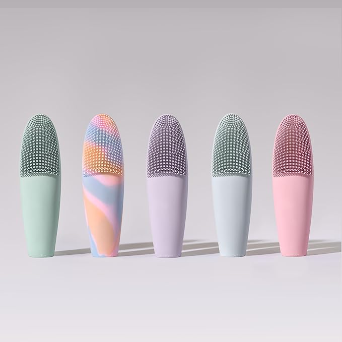 LOLLIPOP Dual-Sided Facial Cleansing Brush | Handle Size Silicone Face Exfoliator and Soft Fiber Cleanser | Manual Face Scrubber for Pores, Makeup Removal, Blackhead and Skincare Routine, Plum