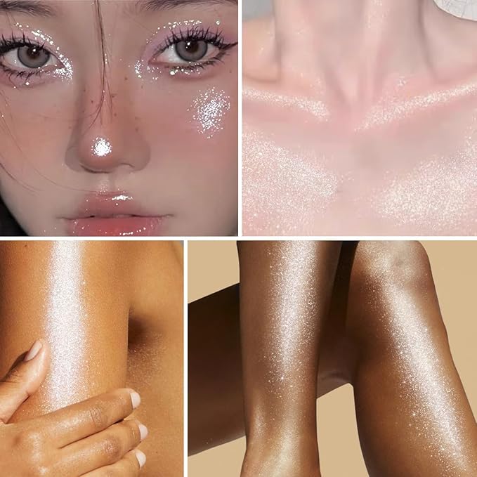 UCANBE Highlighter Makeup Drops Body Glitter Dewy Liquid Face Glow Shimmer for Women Holographic Luminizer Sparkles for Face (Silver Fairy White - 02)