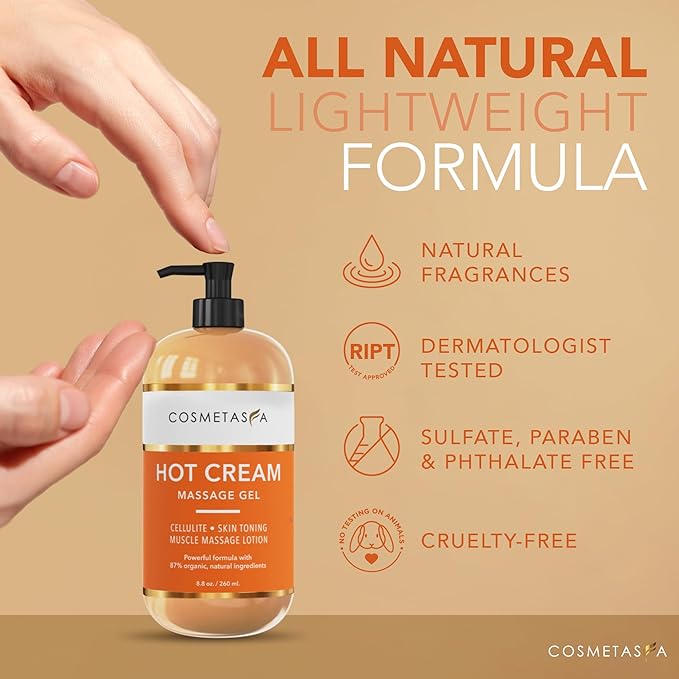 Cosmetasa Hot Cream Massage Gel - Natural and 87% Organic Cellulite Cream - Multi Use, Skin Toning Cream, Soothes Aches, for Sore Joints and Muscle (8.8 Ounce)
