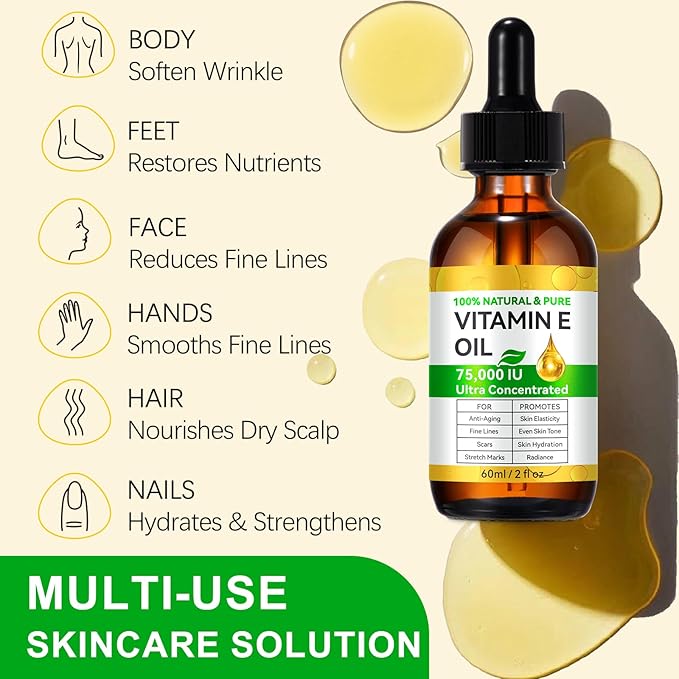 2PCS Natural Vitamin E Oil for Skin, 75,000 IU Ultra Concentrated Vitamin E Oil for Face, Hair and Scars, Moisturizing Dry Skin Oils, Promotes Skin Elasticity