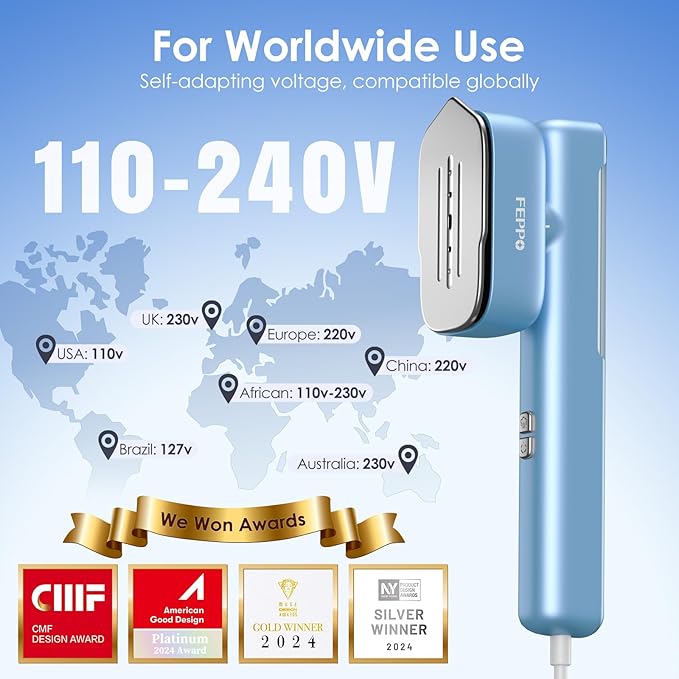 FEPPO Travel Steamer for Clothes, 110-240V Dual Voltage Portable Mini Steamer & Iron 2in1, 1100W Powerful Garment Steamer, Fast Heat Up, Travel Size, HD Display, for Home & Global & Europe Travel