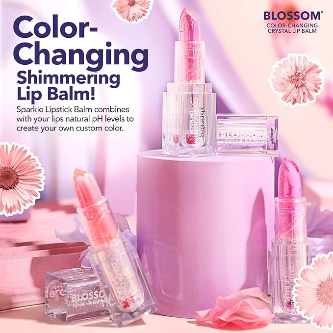 Blossom Moisturizing Color Changing Shimmering Lip Balm Sparkle Lip Stain Tint, Infused with Real Flowers, 3g, Crystal