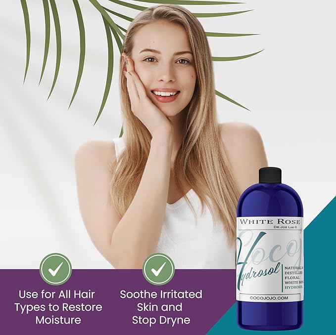 Dr Joe Lab White Rose Water Hydrosol - Pure Natural Distilled Bulgarian Rosewater Non-GMO Vegan Hydrating Toning Spray Mist Face Hair Skin Pores Locs Dreads - Packaging May Vary (32 oz)