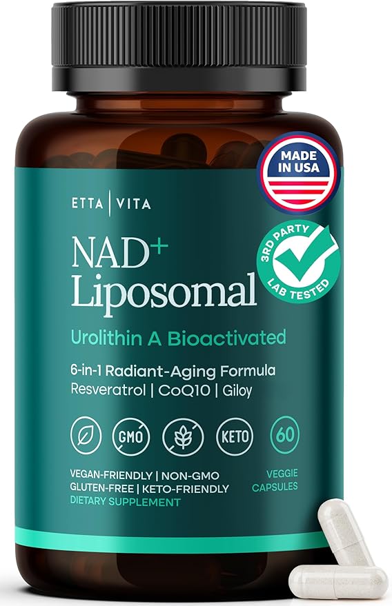 Liposomal NAD+ Supplement 500mg with Urolithin A, CoQ10, Resveratrol & Giloy (Made in USA) Mitochondrial, Cellular Energy, Cognitive, Anti-Aging & Detox Support - 3rd Party Tested Vegan, Non-GMO
