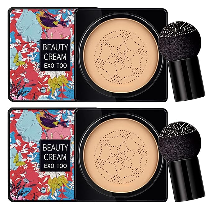 2 Pack Mushroom Head Air Cushion CC Cream Foundation,Beauty Cream EXO TOO Moisturizing BB Cream, Long Lasting Matte Concealer with 2PCS Mushroom Head Sponges (Natural)