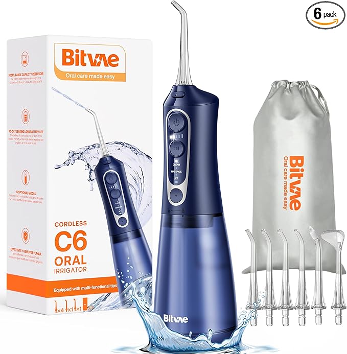 Bitvae C6 Cordless Water Flosser for Teeth Cleaning Picks, Portable Water Dental Flosser for Travel with 6 Jet Tips, IPX7 Waterproof USB Rechargeable Oral Irrigator Cleaner, Midnight Blue