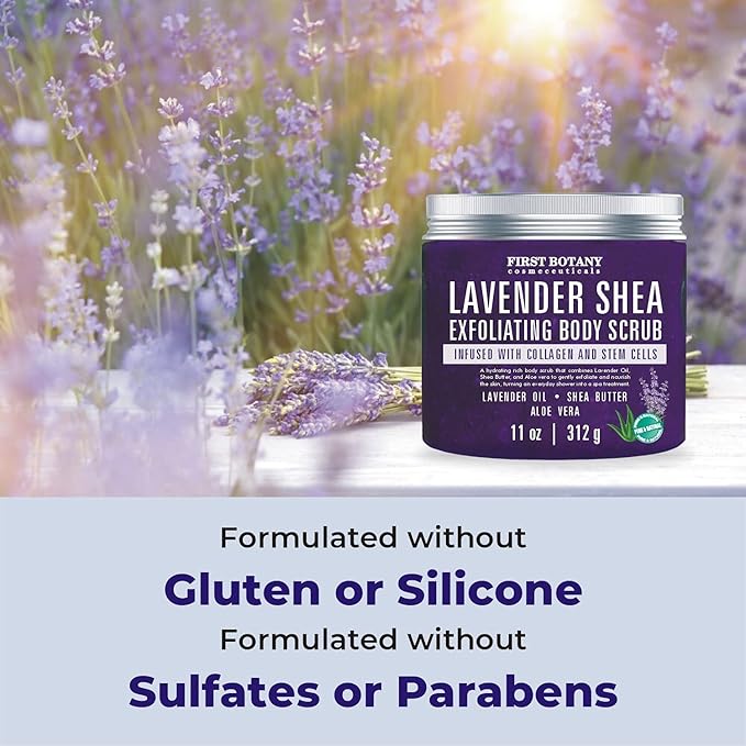 First Botany Body Scrub - Natural Exfoliating Salt Scrub & Body and Face Souffle helps with Moisturizing Skin, Acne, Cellulite, Dead Skin Scars, Wrinkles (10 fl oz, Lavender)