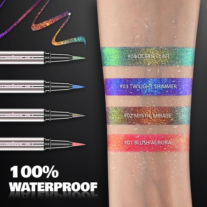 CHARMACY Chameleon Liquid Eyeliner, Liquid Glitter Eyeliner, Highly Pigmented, Metallic MultiColor Shifting waterproof Eyeliner, Ultra-Fine Tip, Longwearing, Smudge-proof (A01 Blush Aurora)