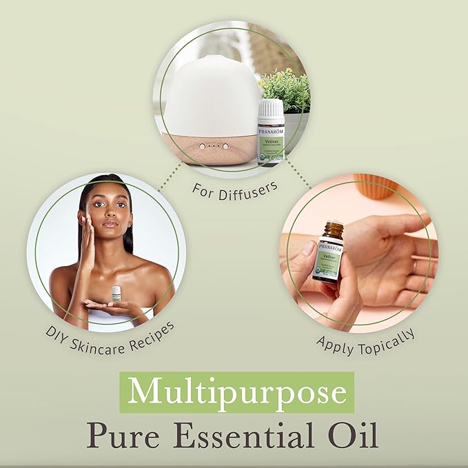 Pranarom USDA Certified Organic Vetiver Essential Oil (5ml), 100% Pure Undiluted Therapeutic Grade from Haiti & Madagascar for Aromatherapy, Diffuser, Calming, Relaxation, DIY, Massage Oil