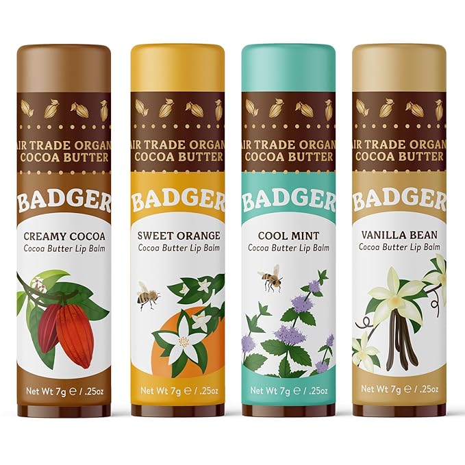Badger - Cocoa Butter Lip Balm Set, Fair Trade, Certified Organic Lip Butter, Flavored, Cocoa, Vanilla, Orange, Mint, 0.25 oz (4 Pack)
