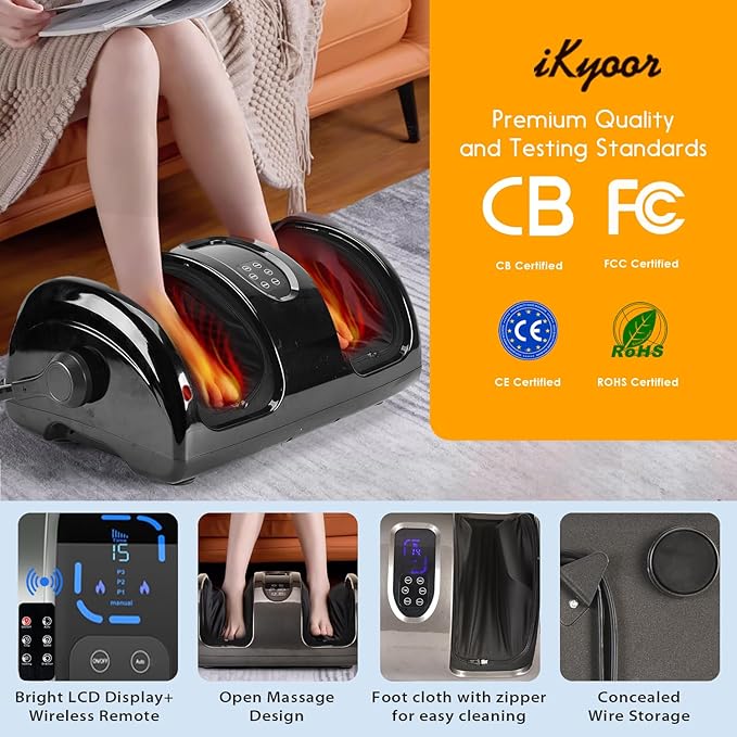 Shiatsu Foot Massager with Heat Deep Kneading Foot and Calf Leg Massager Machine for Relaxation, Muscle Pain Relief Massage (Black)