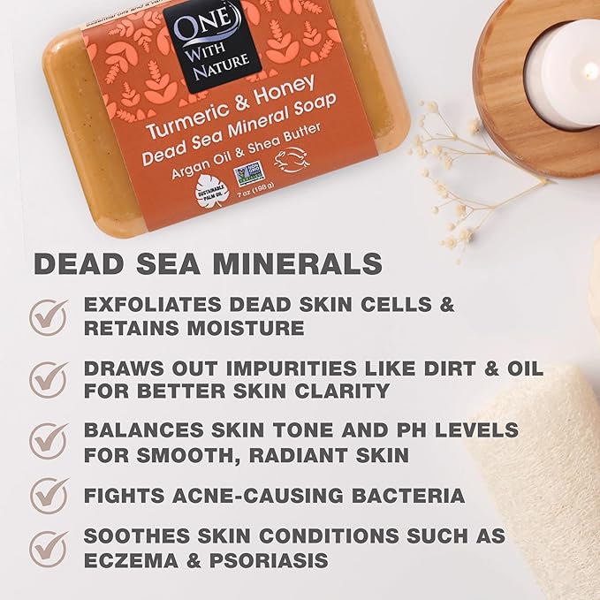 One With Nature Dead Sea Salt Turmeric Soap 7oz 3-Pack – Purifying and Exfoliating Soap Bar with Dead Sea Minerals and Honey for Face & Body, for Men & Women