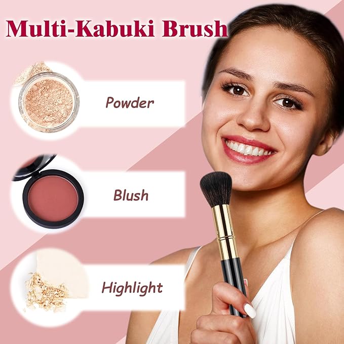 Retractable Kabuki Makeup Brushes 2 Pcs, Powder Brush/Foundation Brush/Blush Brush for Foundation, Powder Blush, Bronzer, Buffing, Liquid, Cream, with Cover